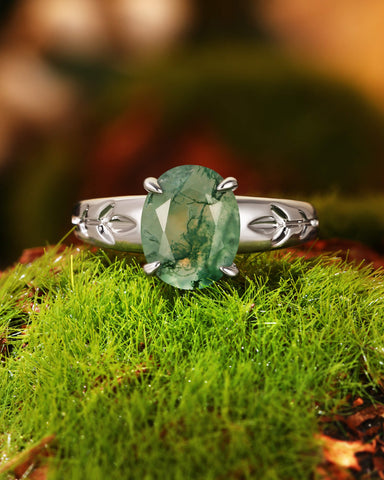 DAHLIA  Leaf Oval Shaped Moss Agate Engagement Ring