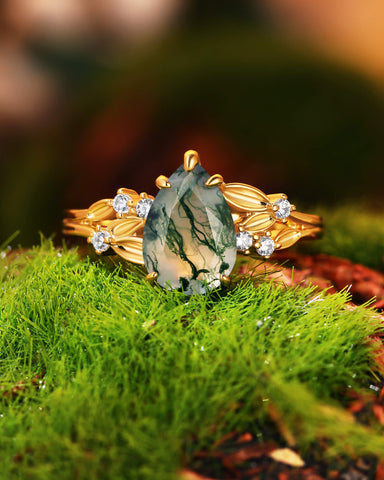 WINOLA Leaf Pear Cut Moss Agate Engagement Ring