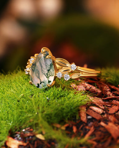 WINOLA Leaf Pear Cut Moss Agate Engagement Ring