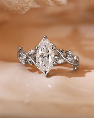 QUEENETH Nature Inspired Leafy Marquise Cut Moissanite Engagement Ring