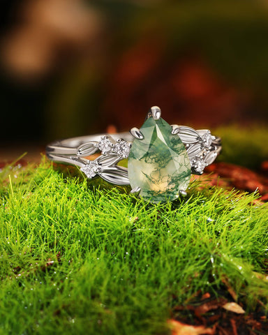 WINOLA Leaf Pear Cut Moss Agate Engagement Ring