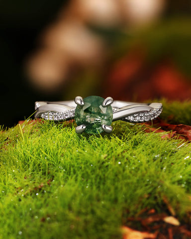 TULSI Twist Round Cut Moss Agate Engagement Ring