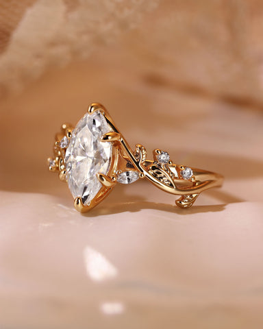 QUEENETH Nature Inspired Leafy Marquise Cut Moissanite Engagement Ring
