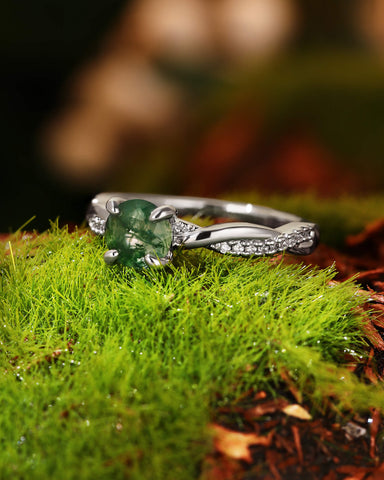 TULSI Twist Round Cut Moss Agate Engagement Ring