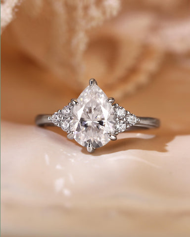 NIVARA Three Stone Pear Cut Moissanite Cluster Engagement Ring
