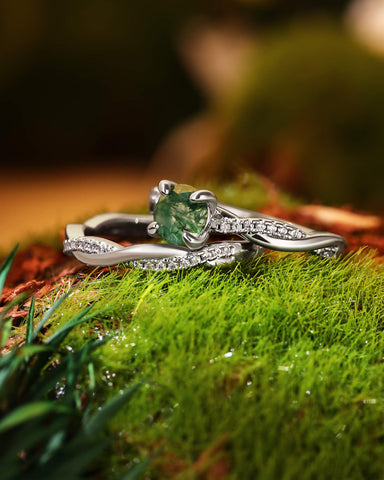 ANORA Classic Twist Round Moss Agate Ring Set