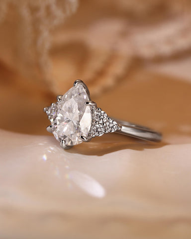 NIVARA Three Stone Pear Cut Moissanite Cluster Engagement Ring