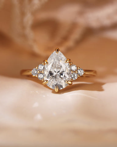 NIVARA Three Stone Pear Cut Moissanite Cluster Engagement Ring