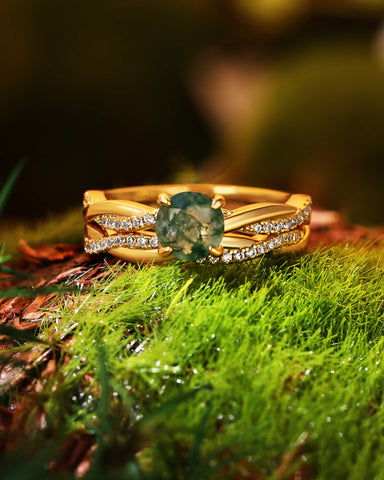 ANORA Classic Twist Round Moss Agate Ring Set