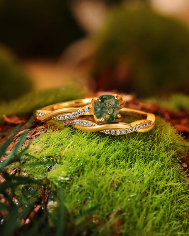 ANORA Classic Twist Round Moss Agate Ring Set