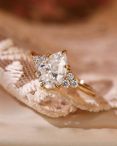 NIVARA Three Stone Pear Cut Moissanite Cluster Engagement Ring