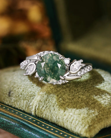 ROSE Floral Fairy Round Shape Moss Agate Engagement Ring