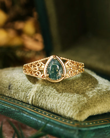 GRETA Celtic Knot Pear Moss Agate Vintage Engagement Ring