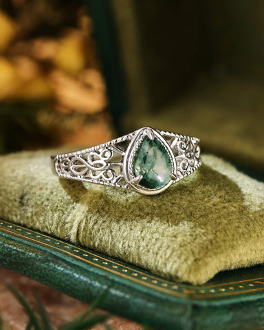 GRETA Celtic Knot Pear Moss Agate Vintage Engagement Ring