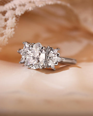 LUNE Pear Cut Moissanite Cluster Leafy Engagement Ring
