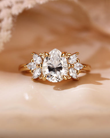 LUNE Pear Cut Moissanite Cluster Leafy Engagement Ring