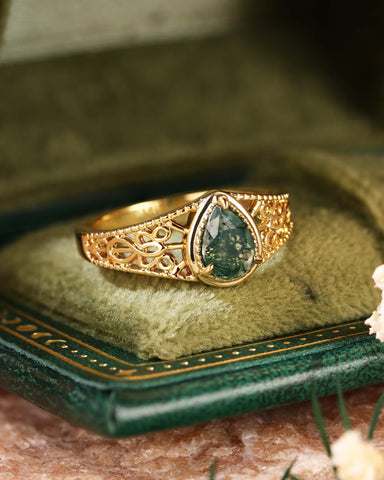 GRETA Celtic Knot Pear Moss Agate Vintage Engagement Ring