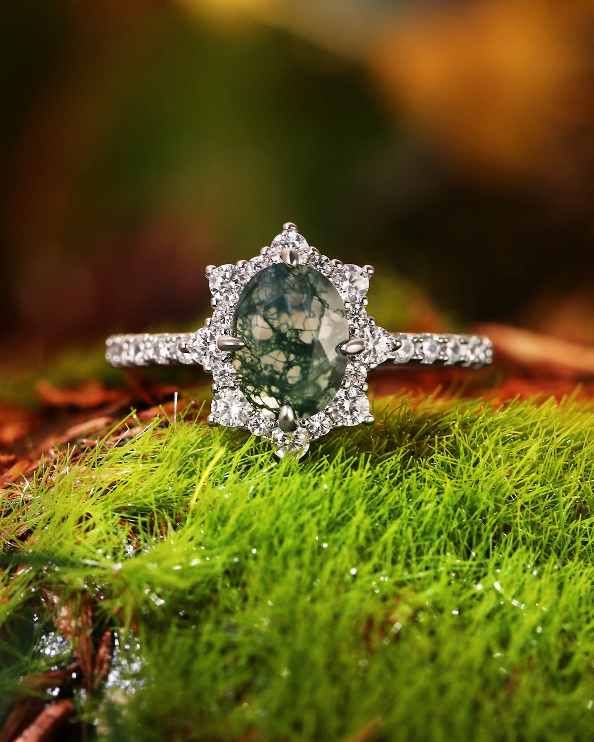 MARIGOLD Halo Oval Cut Moss Agate Engagement Ring
