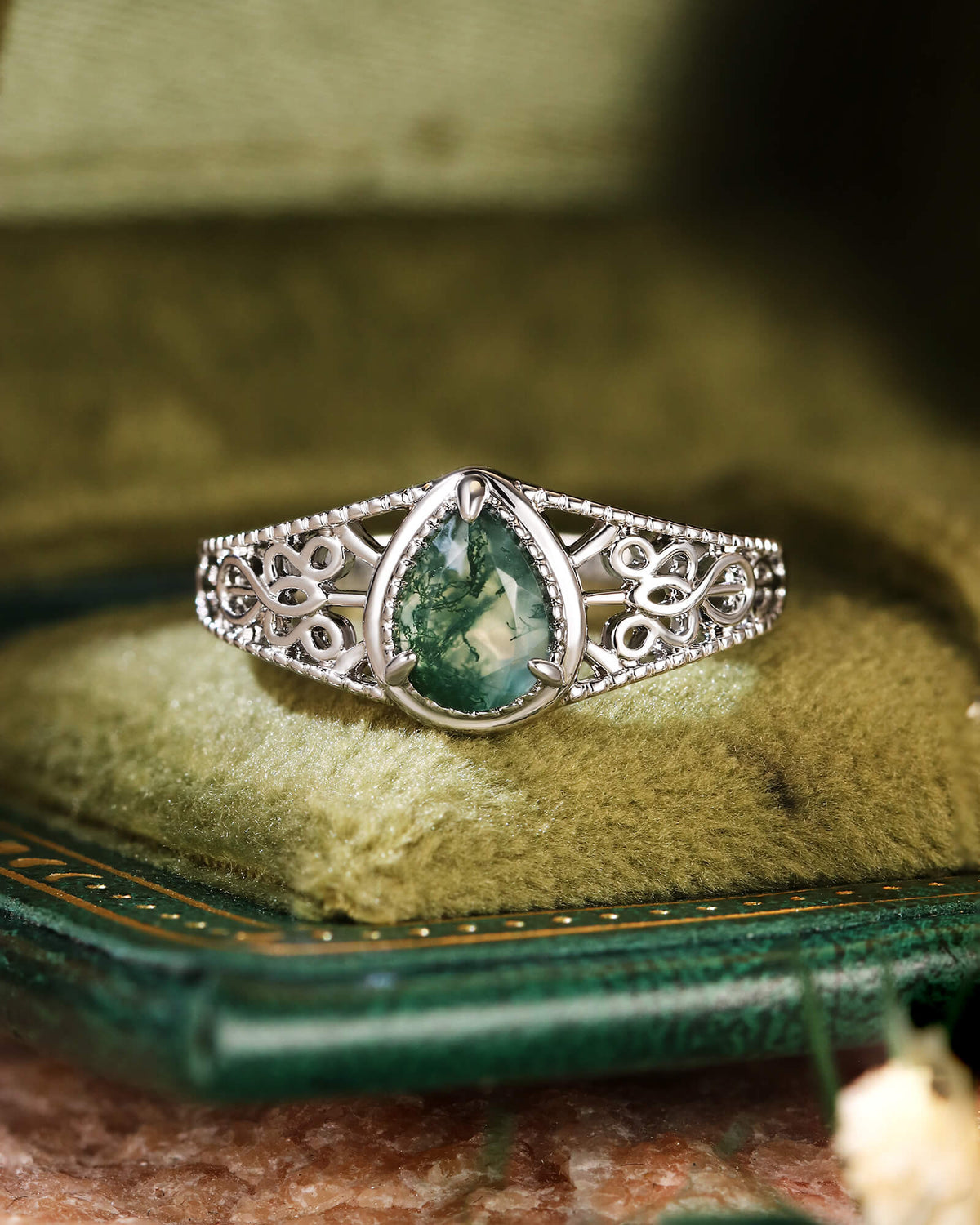 GRETA Celtic Knot Pear Moss Agate Vintage Engagement Ring