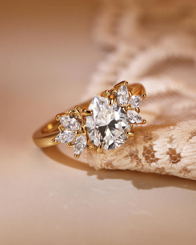 LUNE Pear Cut Moissanite Cluster Leafy Engagement Ring