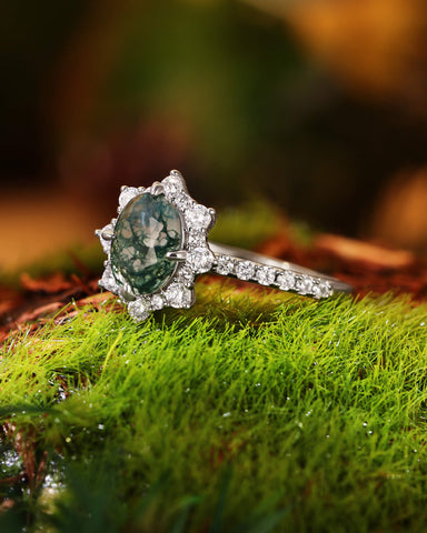 MARIGOLD Halo Oval Cut Moss Agate Engagement Ring