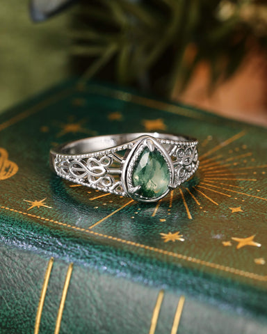 GRETA Celtic Knot Pear Moss Agate Vintage Engagement Ring