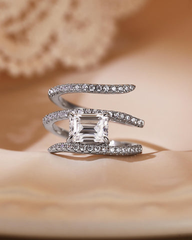 EVELINA Emerald Cut Moissanite Three Layers Wrapping Shank Pave Engagement Ring