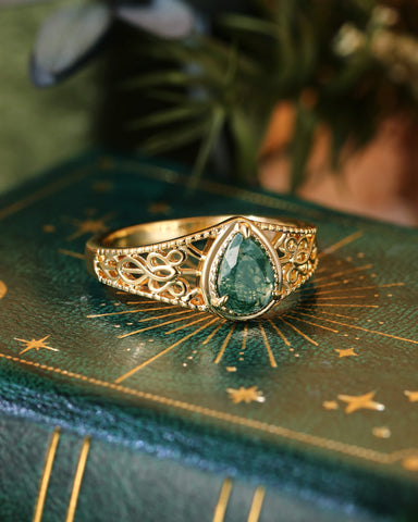 GRETA Celtic Knot Pear Moss Agate Vintage Engagement Ring