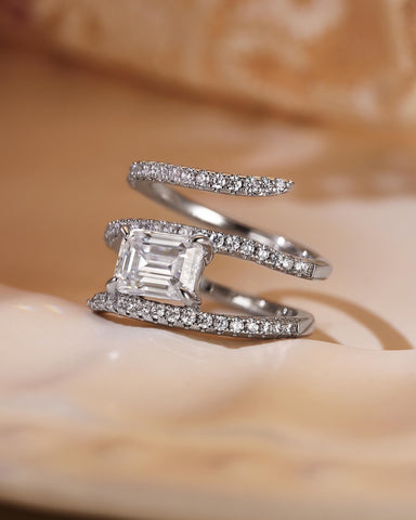 EVELINA Emerald Cut Moissanite Three Layers Wrapping Shank Pave Engagement Ring