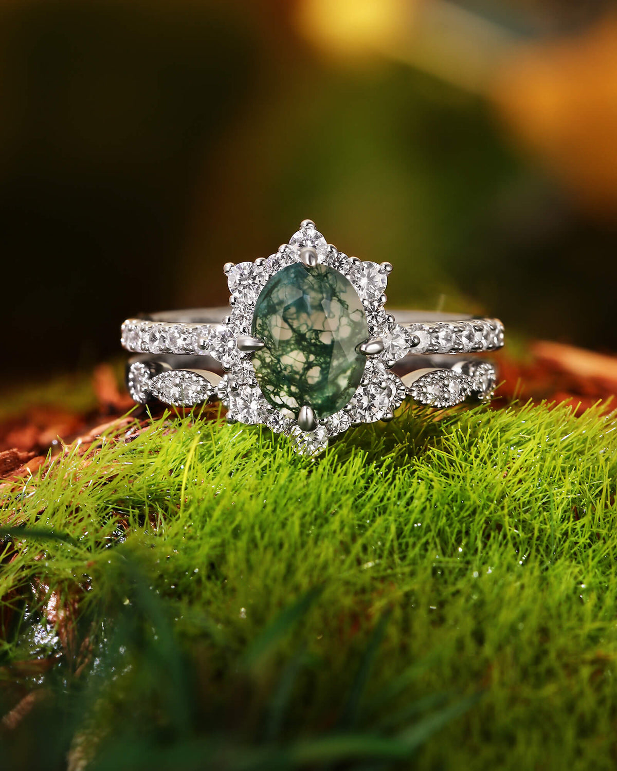 ARIANNA Oval Cut Halo Moss Agate Ring Set