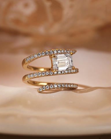EVELINA Emerald Cut Moissanite Three Layers Wrapping Shank Pave Engagement Ring