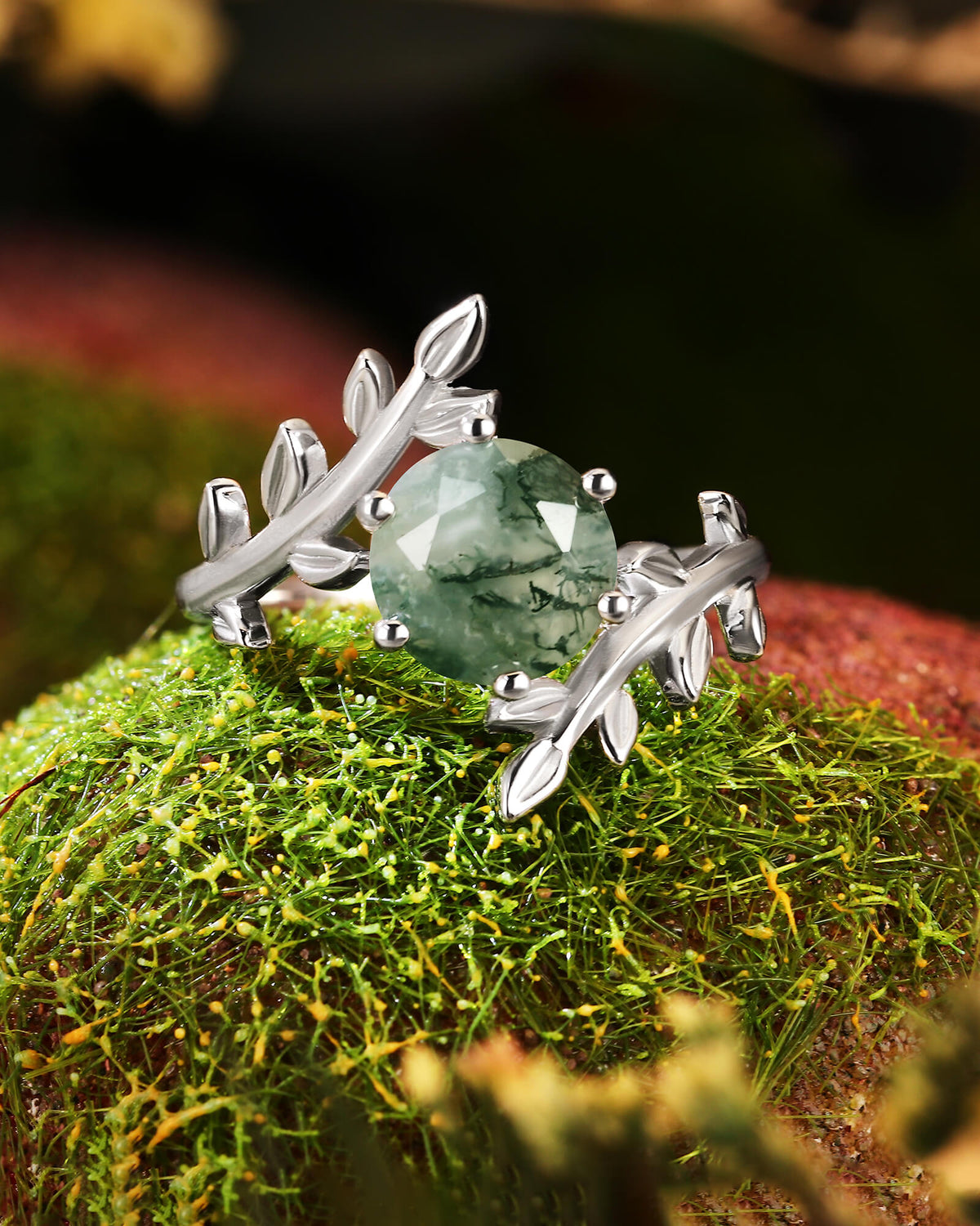AUBREY Moss Agate Round Cut Leaf Vine Engagement Ring