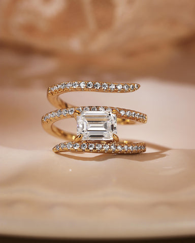 EVELINA Emerald Cut Moissanite Three Layers Wrapping Shank Pave Engagement Ring