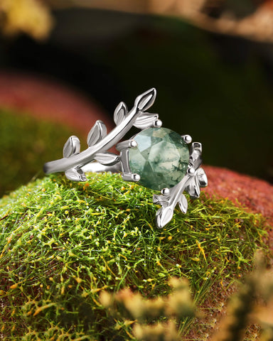 AUBREY Moss Agate Round Cut Leaf Vine Engagement Ring