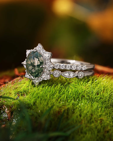 ARIANNA Oval Cut Halo Moss Agate Ring Set