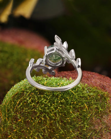 AUBREY Moss Agate Round Cut Leaf Vine Engagement Ring