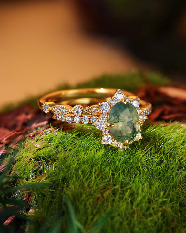 ARIANNA Oval Cut Halo Moss Agate Ring Set