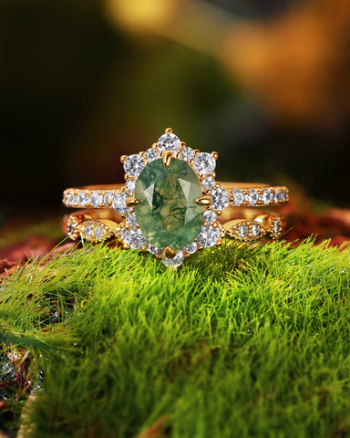ARIANNA Oval Cut Halo Moss Agate Ring Set