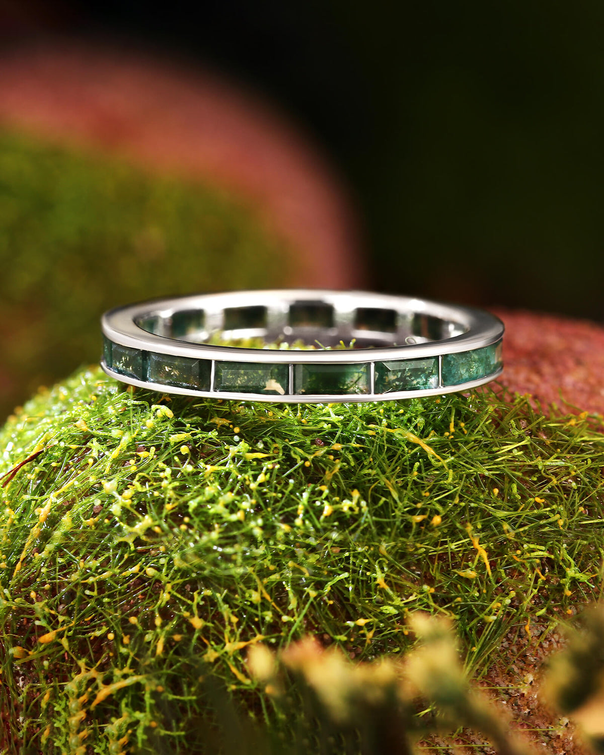 TALLULAH Baguette Moss Agate Minimalist Band Ring