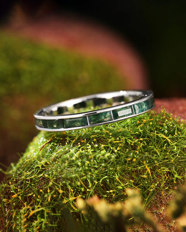 TALLULAH Baguette Moss Agate Minimalist Band Ring