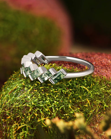 HUMELO Baguette Cut Moss Agate Half eternity Wedding Band Art Deco Promise Ring