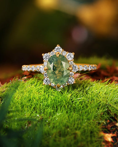 MARIGOLD Halo Oval Cut Moss Agate Engagement Ring