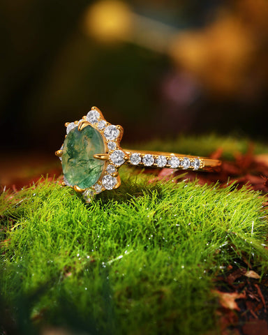 MARIGOLD Halo Oval Cut Moss Agate Engagement Ring