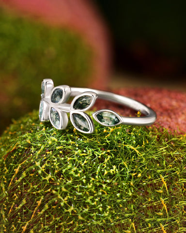FERN Marquise Cut Moss Agate Leafy Forest Elves Engagement Ring