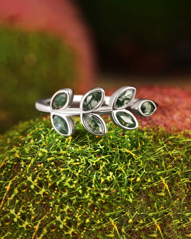 FERN Marquise Cut Moss Agate Leafy Forest Elves Engagement Ring