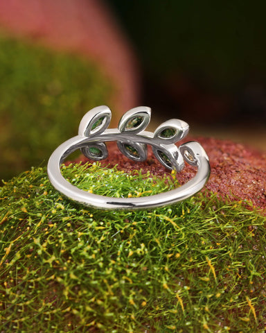 FERN Marquise Cut Moss Agate Leafy Forest Elves Engagement Ring