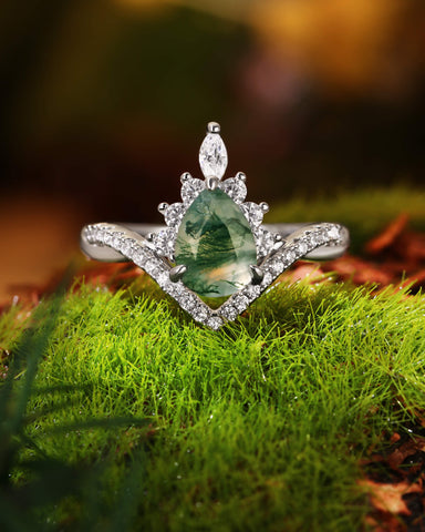 ISLAE Infinity Twisted Pear Cut Moss Agate Engagement Ring