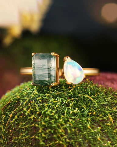 BRYASTRA Emerald Cut Moss Agate & Pear Opal Unique Toi Et Moi Ring