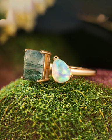 BRYASTRA Emerald Cut Moss Agate & Pear Opal Unique Toi Et Moi Ring