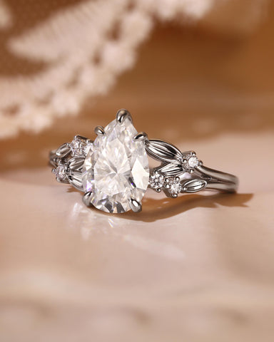 PENELOPE Pear Shaped Moissanite Leaf Inspired Fairy Engagement Ring
